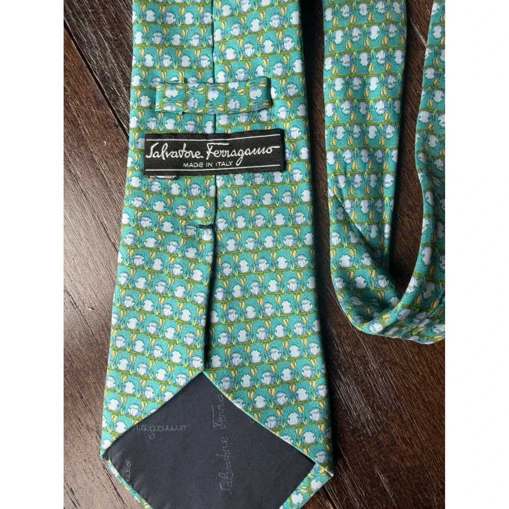 Salvatore Ferragamo Silk Tie OS Teal Green Italian Designer Floral luxury
